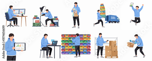 Illustrated Set of Young Man Working in a Warehouse or Small Business