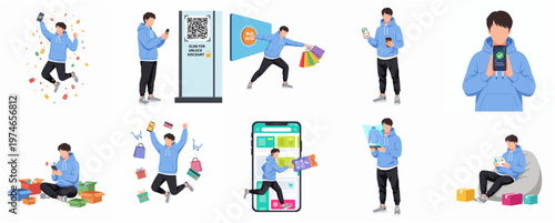 Flat Illustration Set of Man Character Using Mobile Application for Online Shopping