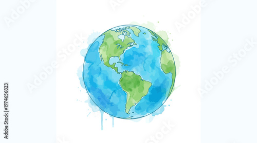 Watercolor Earth globe illustration with blue oceans and green continents, a vibrant, eco-friendly image symbolizing global environment, sustainability and awareness.