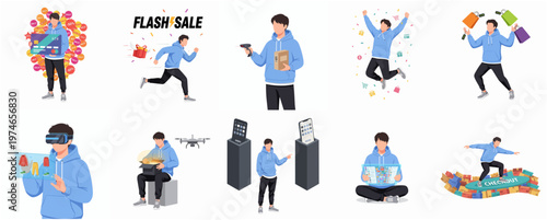 Flat Illustration Set of Man in Various Online Shopping Activities Scenes