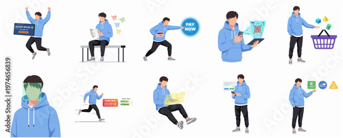 Minimalist Various Pose Man Character with Modern Digital Activity in Isolated