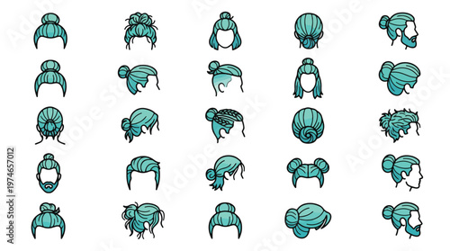 Man Bun Hairstyles Icon Set in Linear Style. A collection of male hair linear icons, including top knot, beard, hipster, undercut, grooming, fashion, barber, masculine, bun, messy