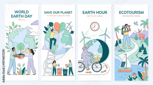 Earth Day Awareness Series: Four-Panel Conservation Posters Highlight Save Our Planet, Earth Hour, Ecotourism and Global Sustainability