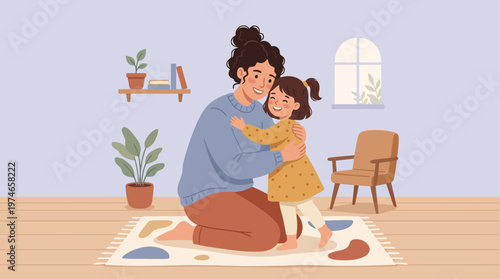 This heartfelt flat design vector illustration beautifully depicts a loving single mother embracing her child, highlighting the unique bond and dedication of single-parent families. 