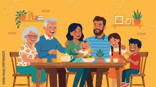 This joyous flat design vector illustration showcases a happy multigenerational family, including grandparents, parents, and children, celebrating togetherness and family bonds.