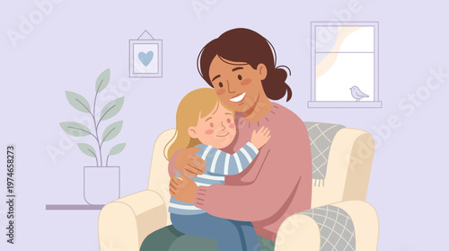 This heartfelt flat design vector illustration beautifully depicts a loving single mother embracing her child, highlighting the unique bond and dedication of single-parent families. 