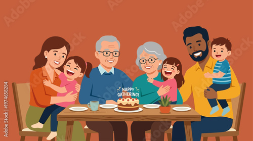 This joyous flat design vector illustration showcases a happy multigenerational family, including grandparents, parents, and children, celebrating togetherness and family bonds.