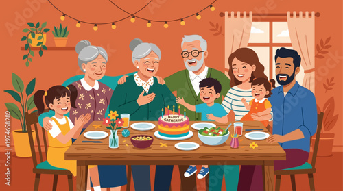 This joyous flat design vector illustration showcases a happy multigenerational family, including grandparents, parents, and children, celebrating togetherness and family bonds.