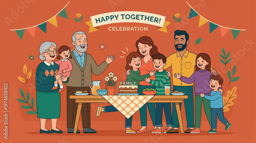 This joyous flat design vector illustration showcases a happy multigenerational family, including grandparents, parents, and children, celebrating togetherness and family bonds.
