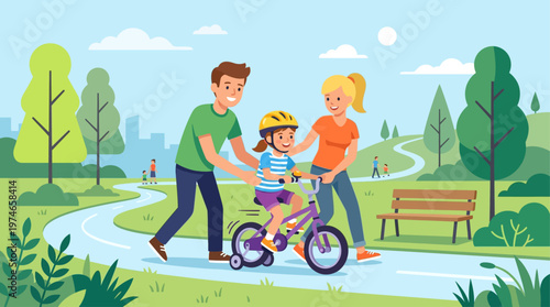 This cheerful flat design vector illustration captures parents patiently teaching their child to ride a bicycle in a minimalist park, symbolizing parental guidance and childhood milestones.