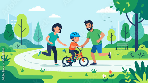 This cheerful flat design vector illustration captures parents patiently teaching their child to ride a bicycle in a minimalist park, symbolizing parental guidance and childhood milestones.