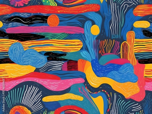 Vibrant abstract organic shapes and lines in a colorful, playful pattern