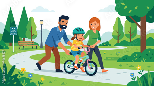 This cheerful flat design vector illustration captures parents patiently teaching their child to ride a bicycle in a minimalist park, symbolizing parental guidance and childhood milestones.