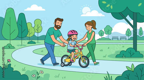 This cheerful flat design vector illustration captures parents patiently teaching their child to ride a bicycle in a minimalist park, symbolizing parental guidance and childhood milestones.