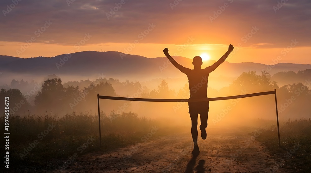Fototapeta premium A triumphant runner breaks through the finish line tape with arms raised high amidst a breathtaking sunrise over misty hills