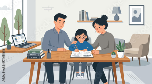 This illustrative flat design vector illustration shows parents patiently assisting their child with homework, emphasizing parental support in education and home learning.