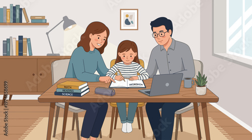 This illustrative flat design vector illustration shows parents patiently assisting their child with homework, emphasizing parental support in education and home learning.
