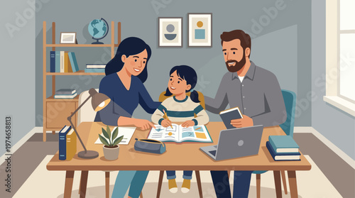 This illustrative flat design vector illustration shows parents patiently assisting their child with homework, emphasizing parental support in education and home learning.