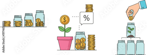 Financial growth savings concept with jars coins investment interest profit accumulation money management and wealth building illustration