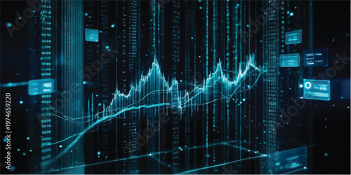 Abstract digital technology background featuring a blue binary code pulse line and a financial market growth chart integrated with a medical heartbeat cardiogram monitor for business data