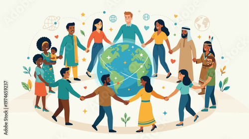 This empowering flat design vector illustration showcases a diverse group of parents from various cultures holding hands, symbolizing global unity, solidarity, and the universal bond of parenthood.