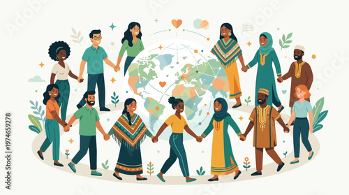 This empowering flat design vector illustration showcases a diverse group of parents from various cultures holding hands, symbolizing global unity, solidarity, and the universal bond of parenthood.