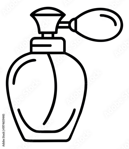Outline illustration of vintage perfume bottle depicting classic atomizer spray design for beauty and cosmetic use