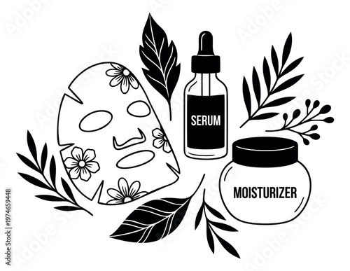Flat illustration of skincare products depicting serum bottle moisturizer and sheet mask with botanical leaves for beauty design