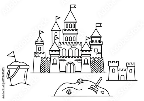 Outline illustration of sand castle scene depicting beach toys and fortress towers for summer vacation design