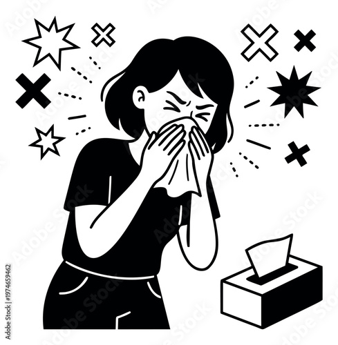 Cartoon illustration of a young woman blowing her nose depicting cold and allergy symptoms for healthcare design