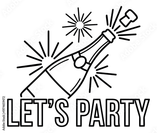 Outline illustration of champagne bottle popping cork depicting celebration and sparkling wine for party and event design