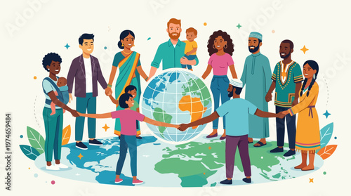 This empowering flat design vector illustration showcases a diverse group of parents from various cultures holding hands, symbolizing global unity, solidarity, and the universal bond of parenthood.