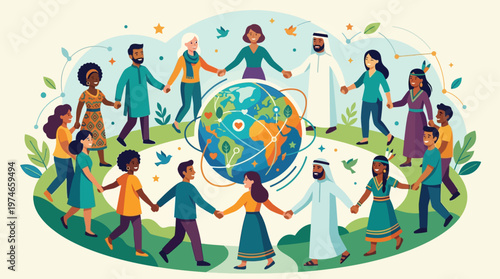 This empowering flat design vector illustration showcases a diverse group of parents from various cultures holding hands, symbolizing global unity, solidarity, and the universal bond of parenthood.