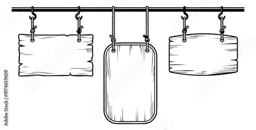 Engraving illustration set of 3 wooden hanging signs depicting rope suspended blank boards for retail and rustic design