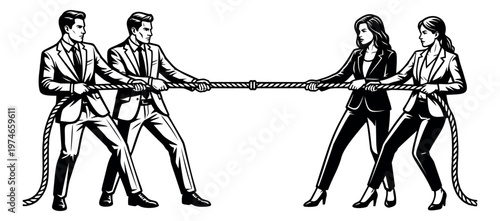 Engraving illustration of business tug of war depicting men and women competing in rope pull for corporate and competition design