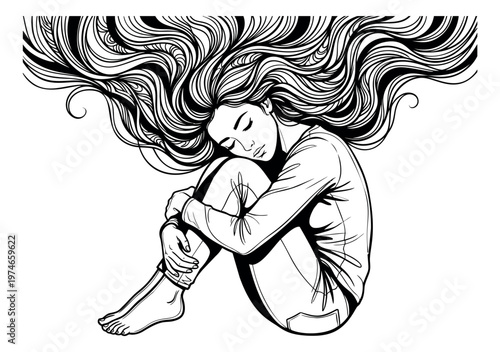 Line art illustration of a young woman sitting with knees drawn up depicting solitude and emotional reflection for mental health and wellness design