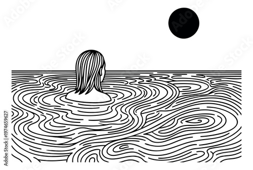 Engraving style illustration of a woman swimming depicting solitude and contemplation in rippling water for wellness and lifestyle design