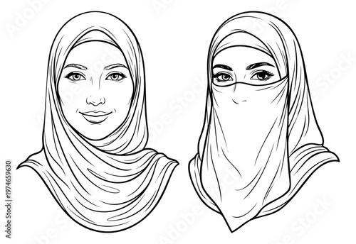 Line art illustration set of 2 Muslim women depicting hijab and niqab styles for cultural and fashion design