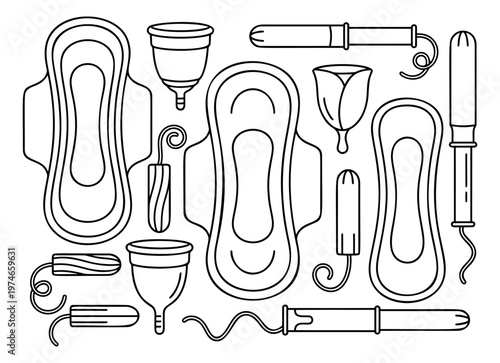 Outline icon set of 14 menstrual hygiene products featuring sanitary pads, tampons, menstrual cups and IUD for feminine care design