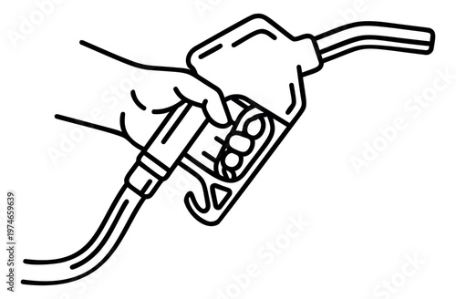 Line art illustration of a hand holding a fuel nozzle depicting refueling action for energy and transportation design