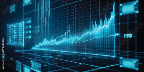 An abstract digital screen displays a blue stock market graph merging finance data with a medical heartbeat pulse line to illustrate the health of the technology business market