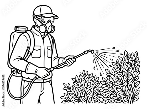 Outline illustration of pest control worker depicting pesticide spraying on garden shrubs for agriculture and gardening design