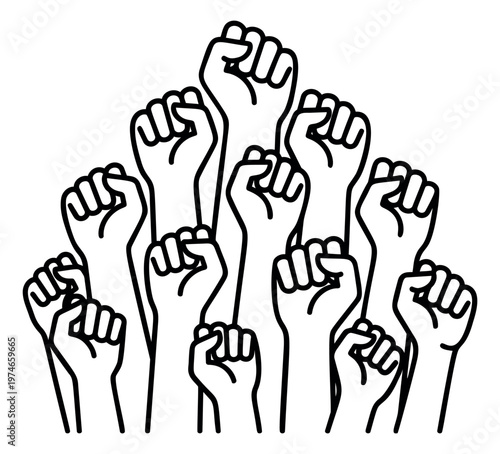 Outline illustration of raised fists depicting crowd solidarity and protest power for activism and social movement design