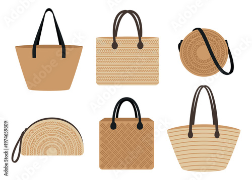 Flat icon set of 6 woven straw bags featuring tote, clutch, round crossbody and basket styles for fashion design