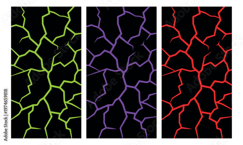 Neon line art set of 3 glowing crack patterns featuring green purple and red fractured surface textures for dark background design