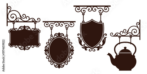 Silhouette set of 4 vintage hanging signs featuring ornate ironwork frames with teapot for shop and cafe design