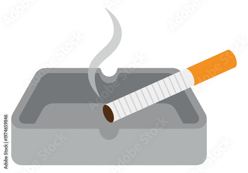 Flat illustration of a lit cigarette resting in an ashtray depicting smoking and ash for health and lifestyle design