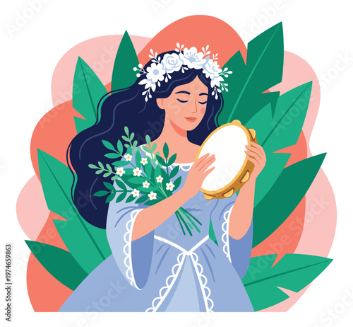 Flat illustration of a young woman depicting a bride holding flowers and a tambourine for wedding and celebration design