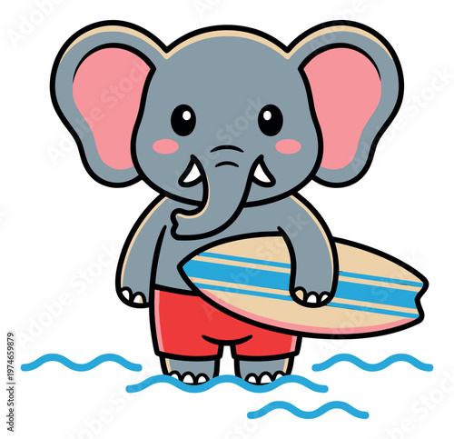 Cartoon illustration of a cute elephant depicting a surfer holding a surfboard standing in ocean waves for summer and beach design