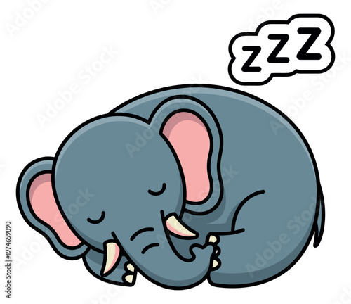 Cartoon illustration of a sleeping elephant depicting a curled up baby animal with zzz symbol for children and nursery design